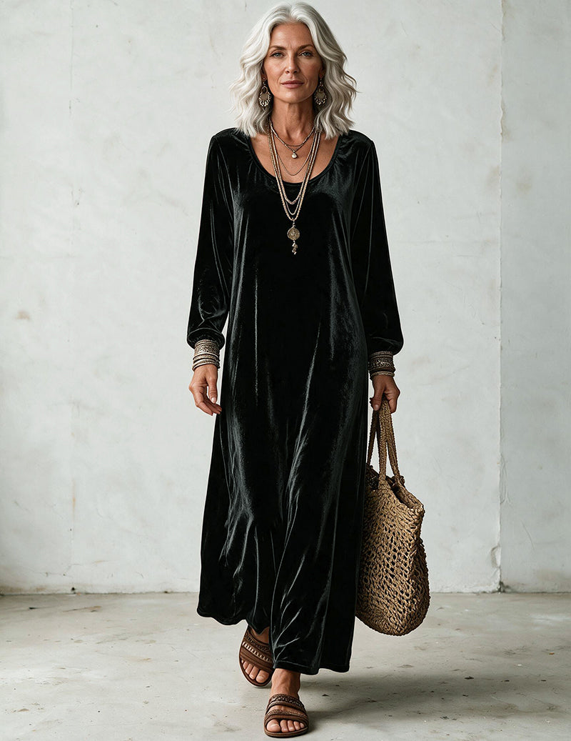 Velvet Long Sleeve Scoop Neck Maxi Dress