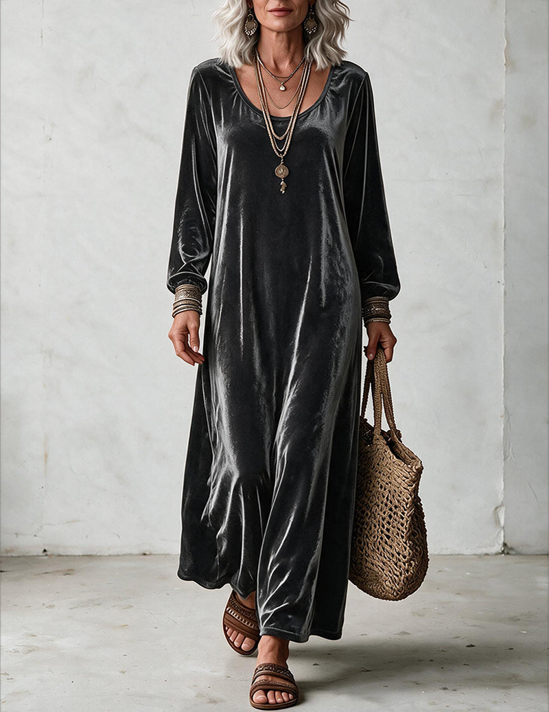 Velvet Long Sleeve Scoop Neck Maxi Dress