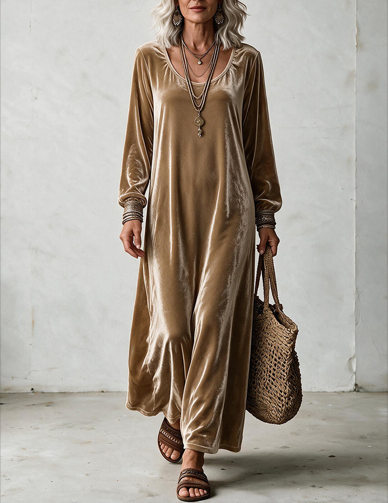 Velvet Long Sleeve Scoop Neck Maxi Dress