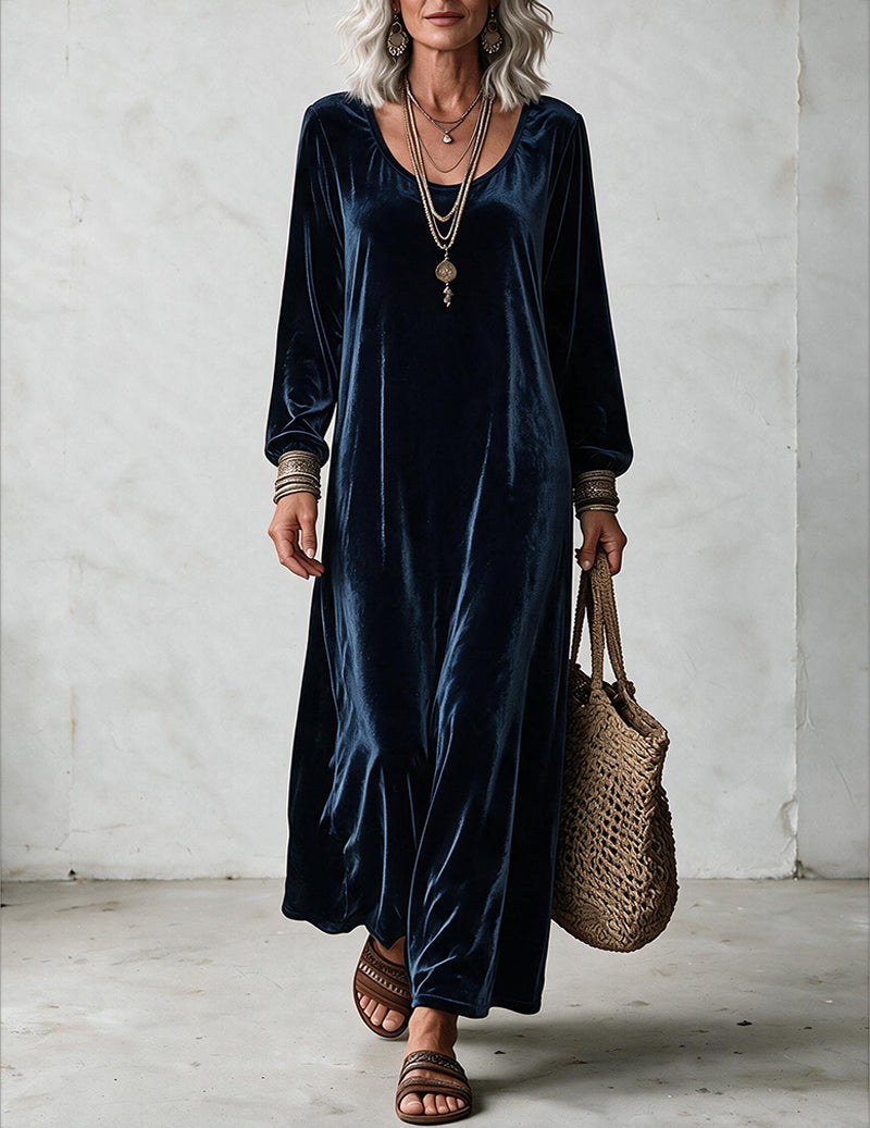 Velvet Long Sleeve Scoop Neck Maxi Dress