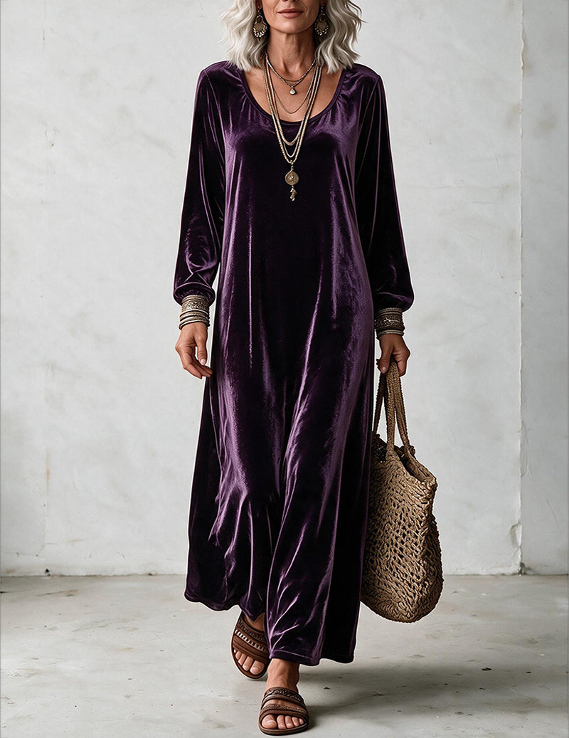 Velvet Long Sleeve Scoop Neck Maxi Dress