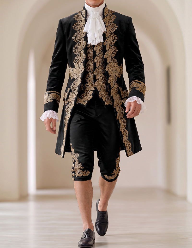 Men's 5-Piece Baroque Prince Costume Set with Embroidered Coat, Vest & Knee-Length Pants