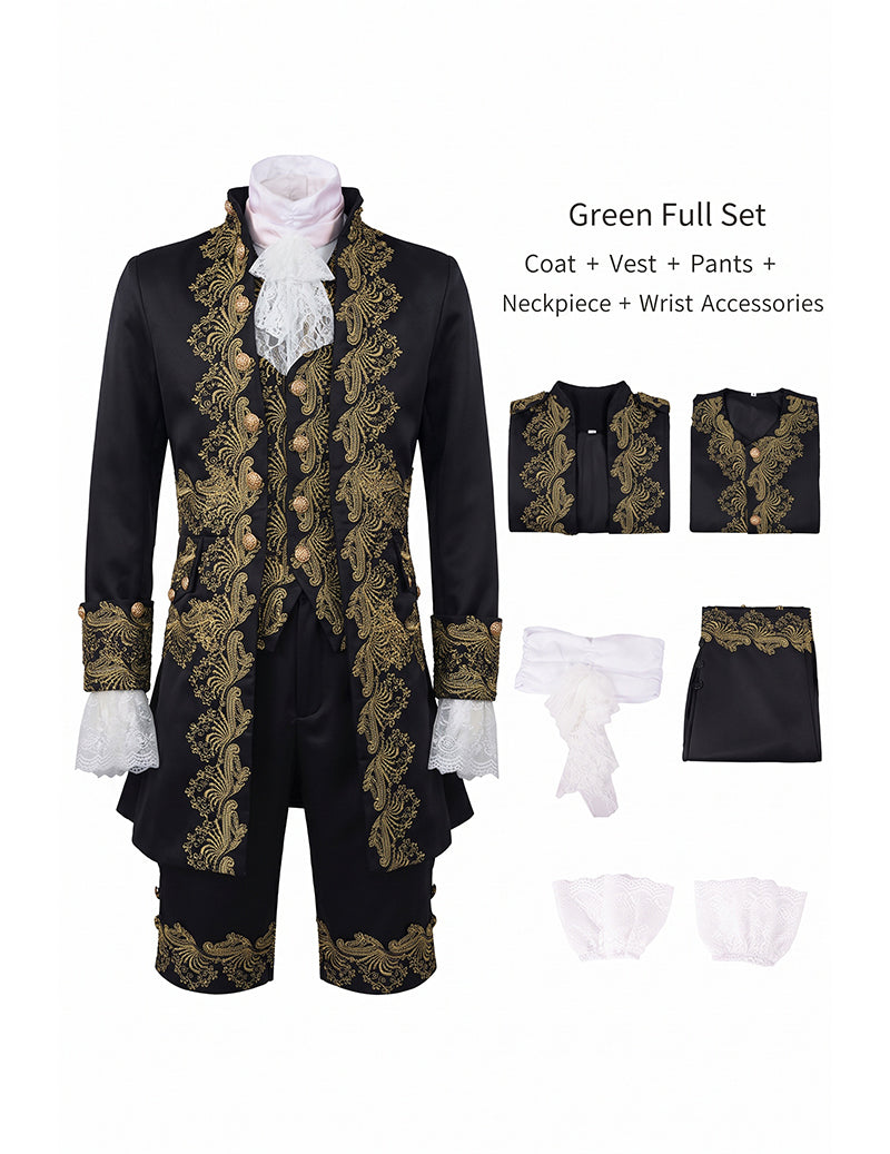 Men's 5-Piece Baroque Prince Costume Set with Embroidered Coat, Vest & Knee-Length Pants