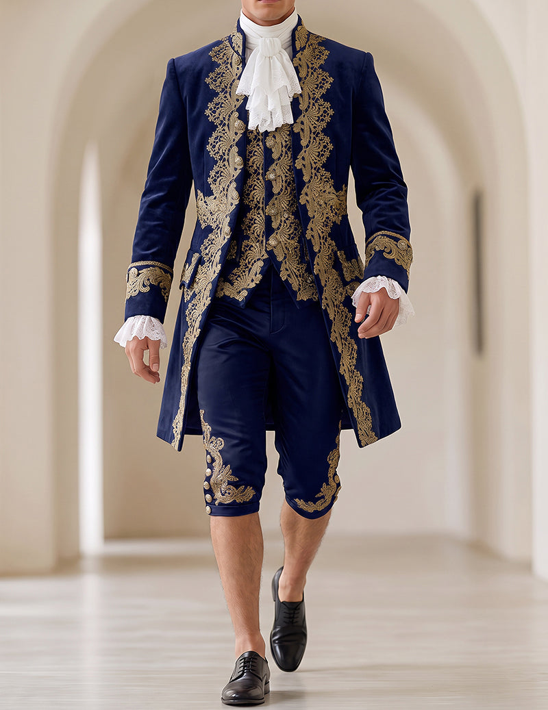 Men's 5-Piece Baroque Prince Costume Set with Embroidered Coat, Vest & Knee-Length Pants