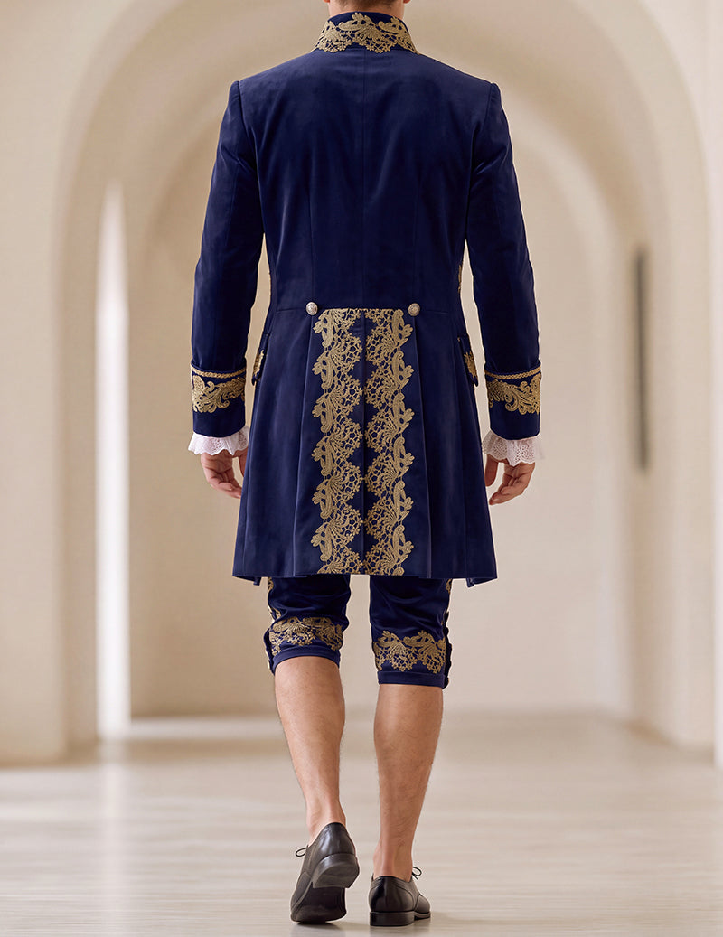 Men's 5-Piece Baroque Prince Costume Set with Embroidered Coat, Vest & Knee-Length Pants