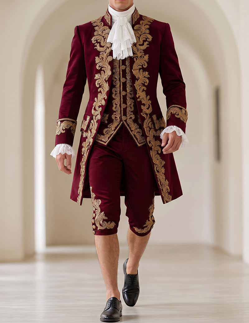 Men's 5-Piece Baroque Prince Costume Set with Embroidered Coat, Vest & Knee-Length Pants