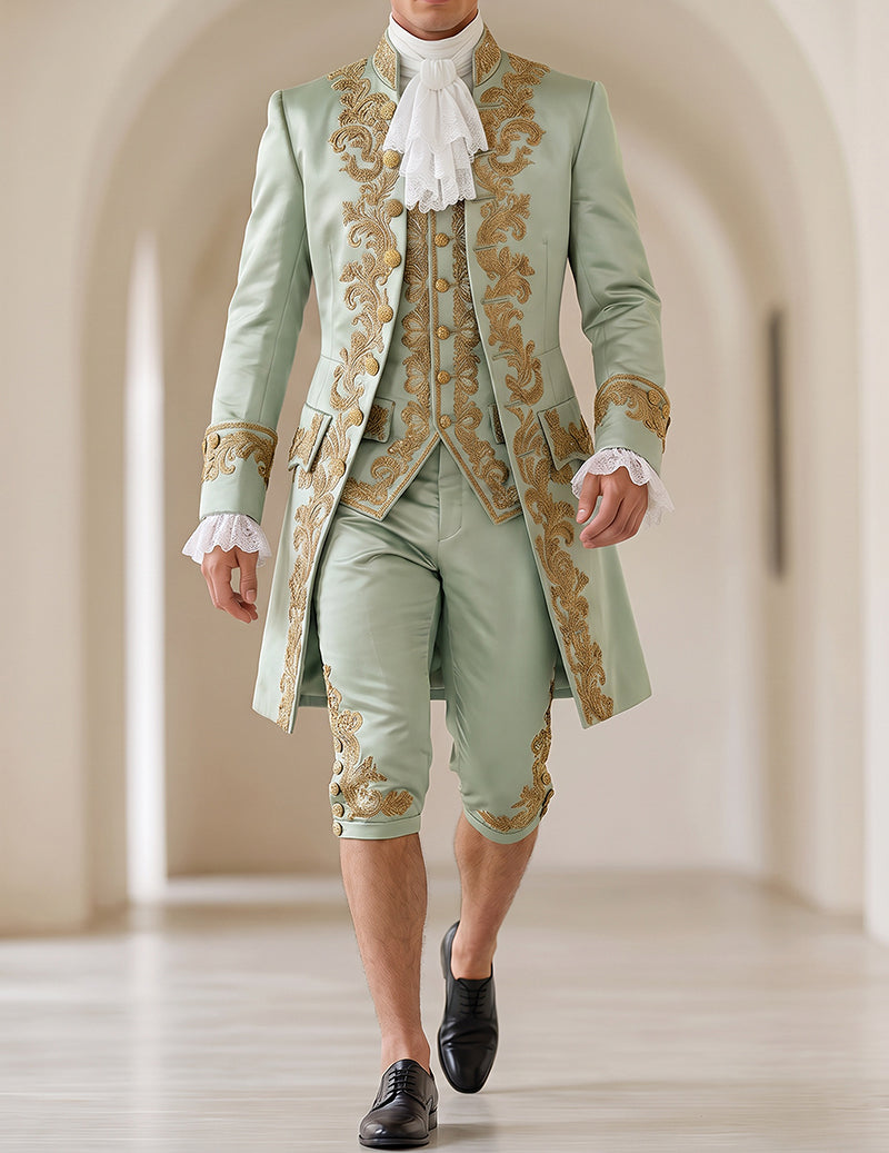 Men's 5-Piece Baroque Prince Costume Set with Embroidered Coat, Vest & Knee-Length Pants
