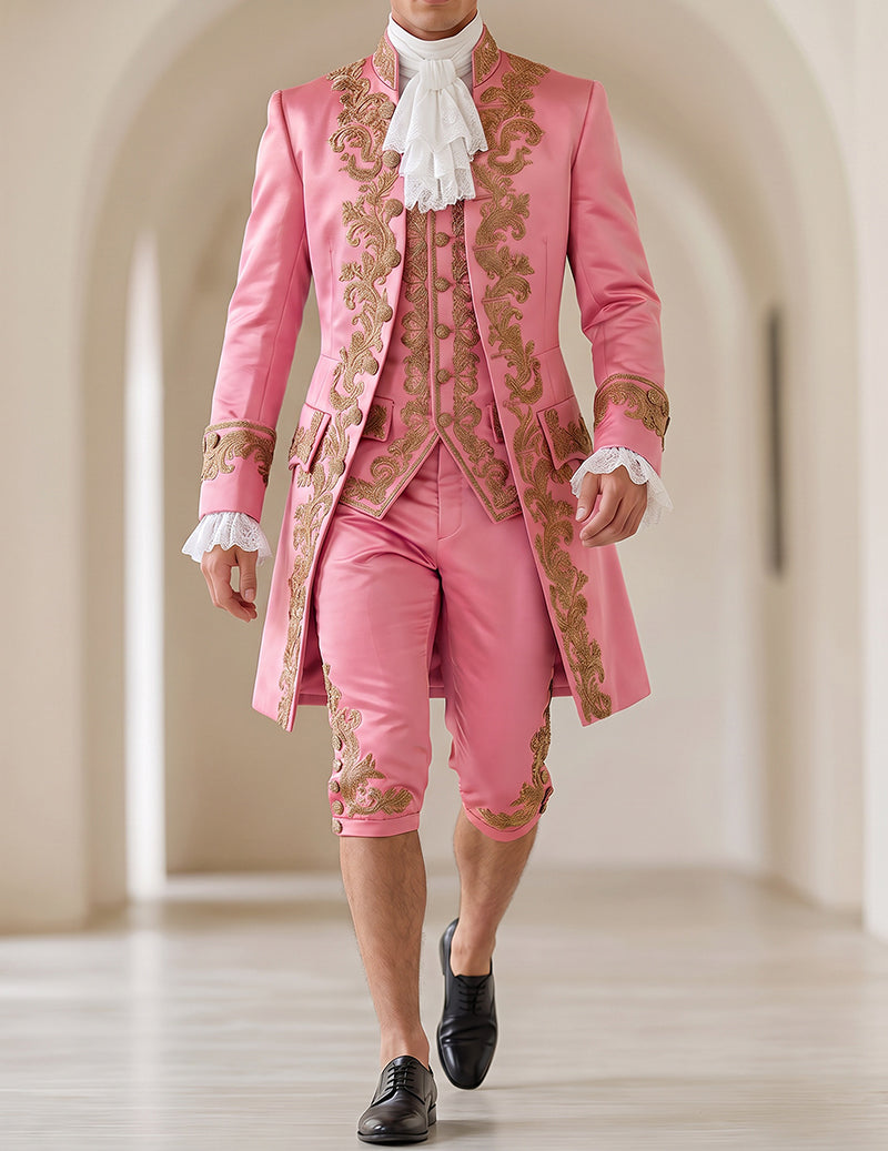 Men's 5-Piece Baroque Prince Costume Set with Embroidered Coat, Vest & Knee-Length Pants