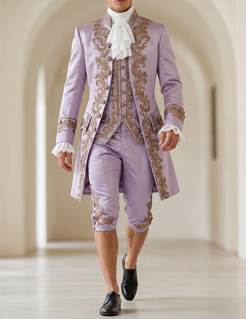 Men's 5-Piece Baroque Prince Costume Set with Embroidered Coat, Vest & Knee-Length Pants