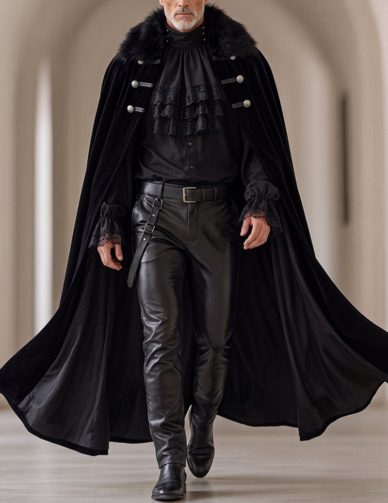 Men's Gothic 3-Piece Set with Ruffled Shirt, Leather-Look Pants & Fur-Trim Cape