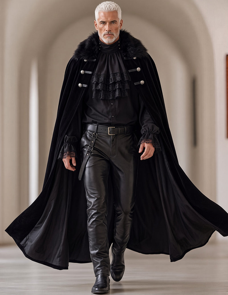Men's Gothic 3-Piece Set with Ruffled Shirt, Leather-Look Pants & Fur-Trim Cape