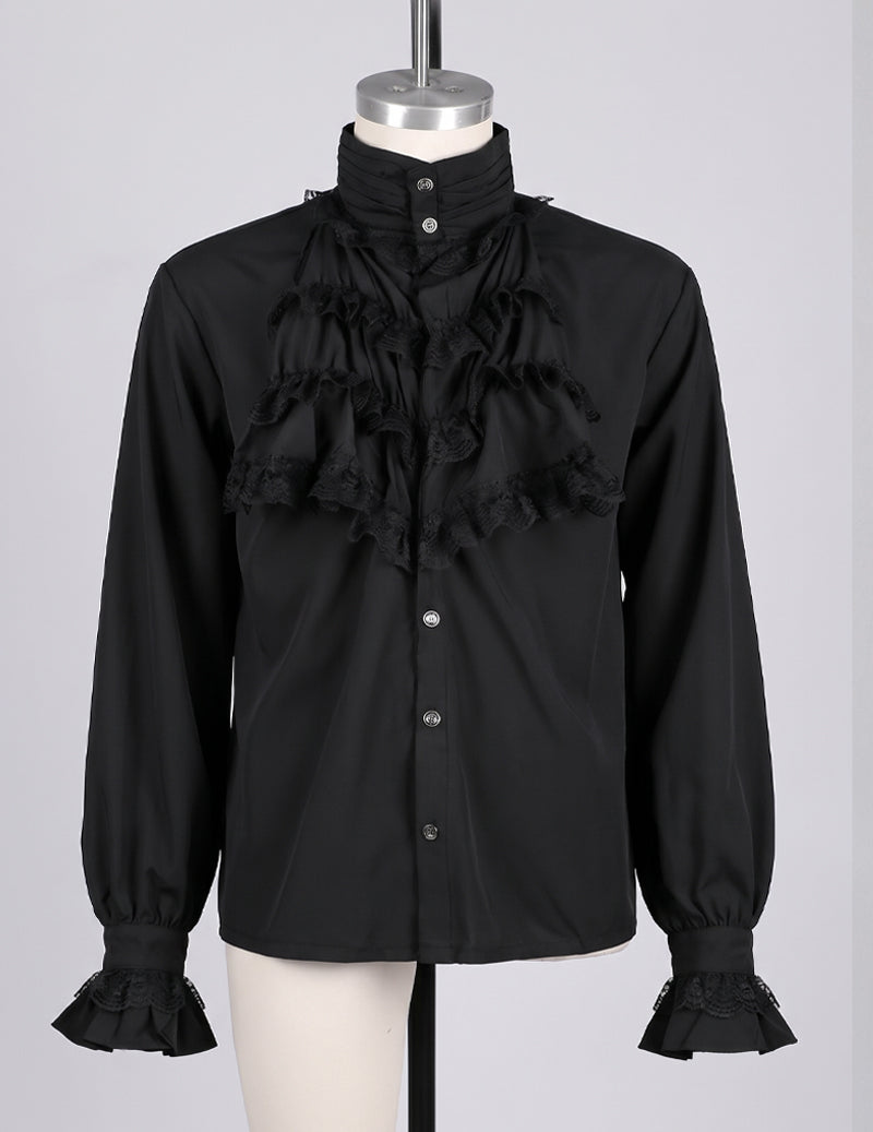 Black stand-collar ruffled front shirt with button placket