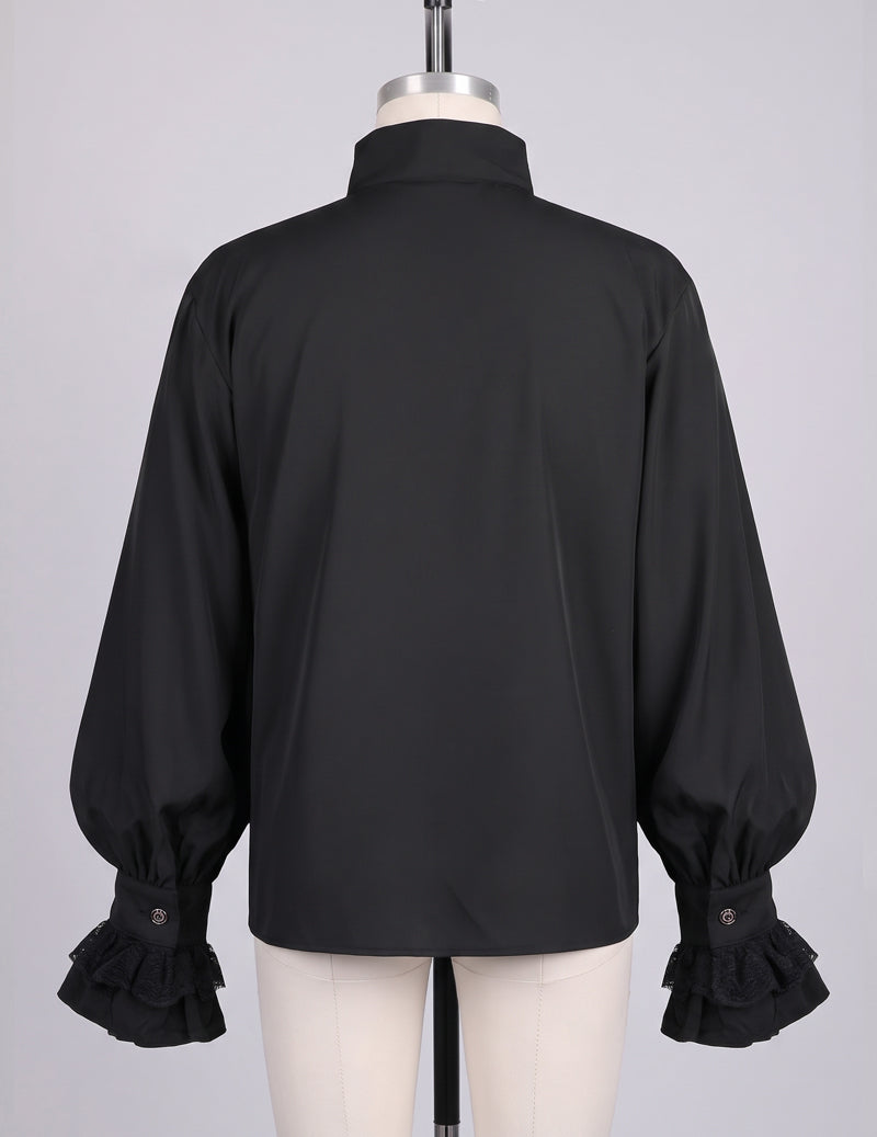 Black high-neck long-sleeve shirt with gathered puff cuffs