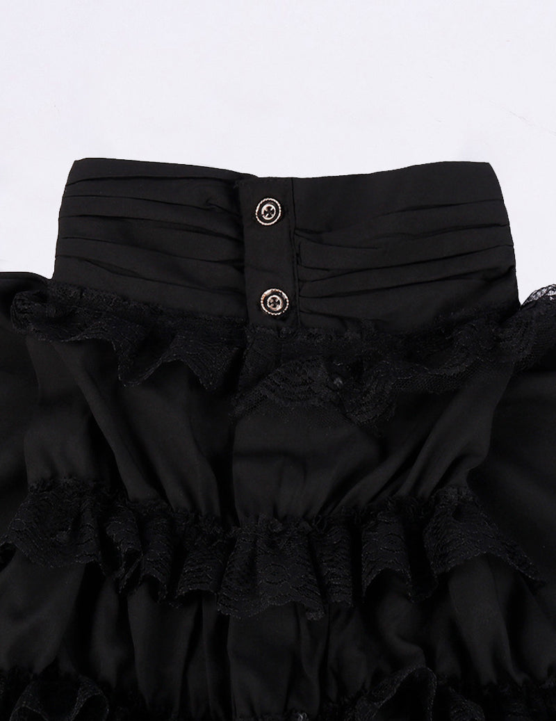 Black ruffled shirt front with button waistband and textured trim