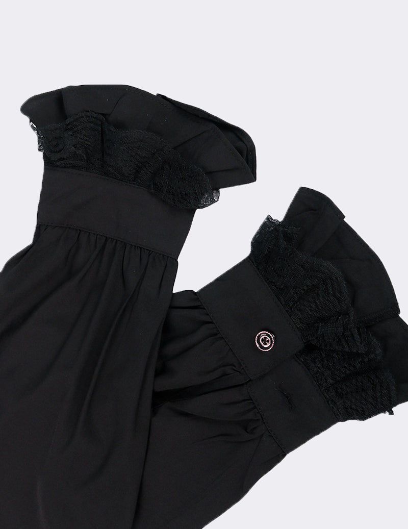 Black ruffled shirt collar with puff sleeve cuffs