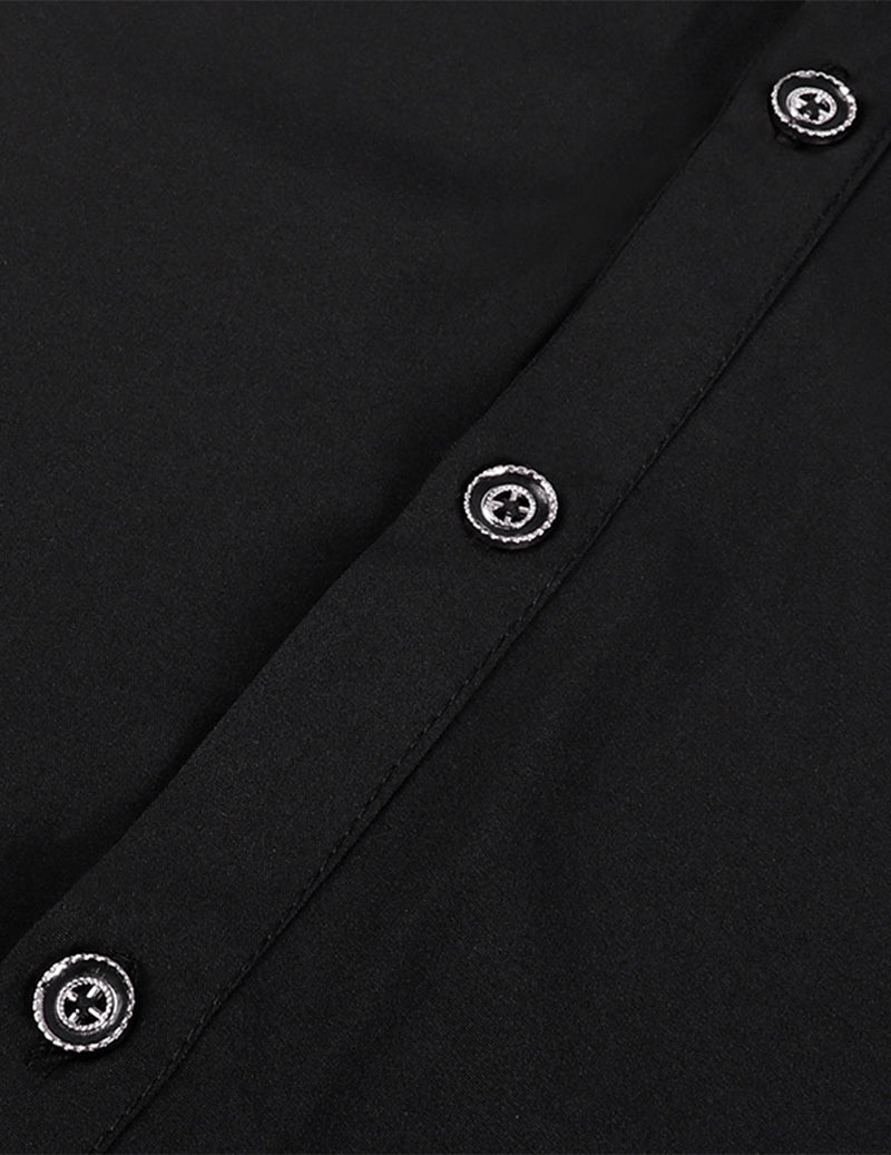 Black button-front shirt placket with round logo buttons