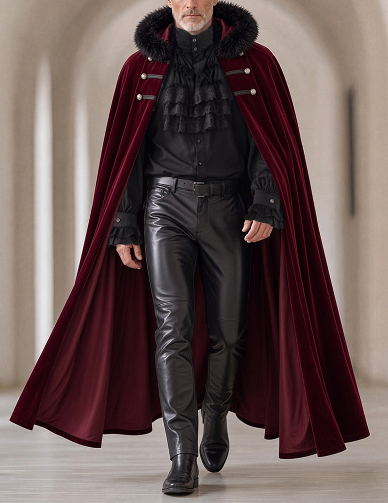 Burgundy fur-trim cape over ruffled shirt and leather-look pants