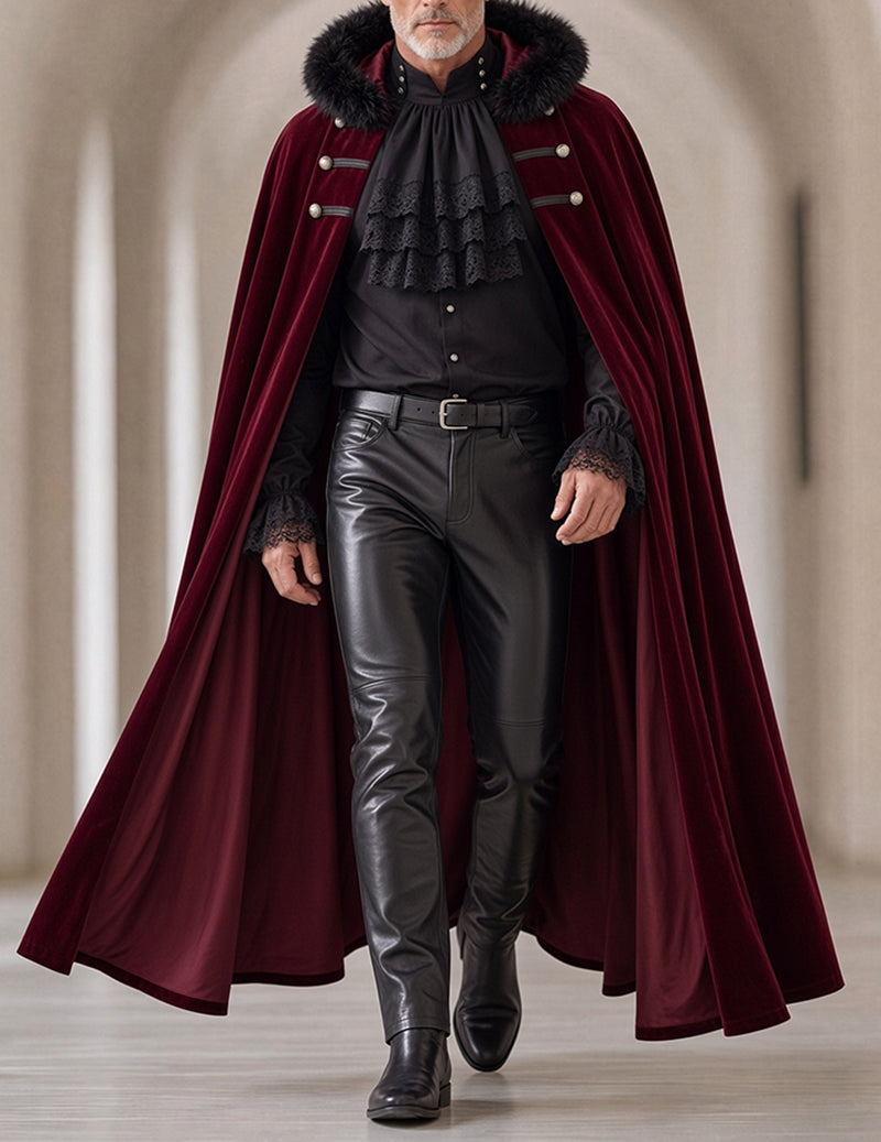 Men's Gothic 3-Piece Set with Ruffled Shirt, Leather-Look Pants & Fur-Trim Cape