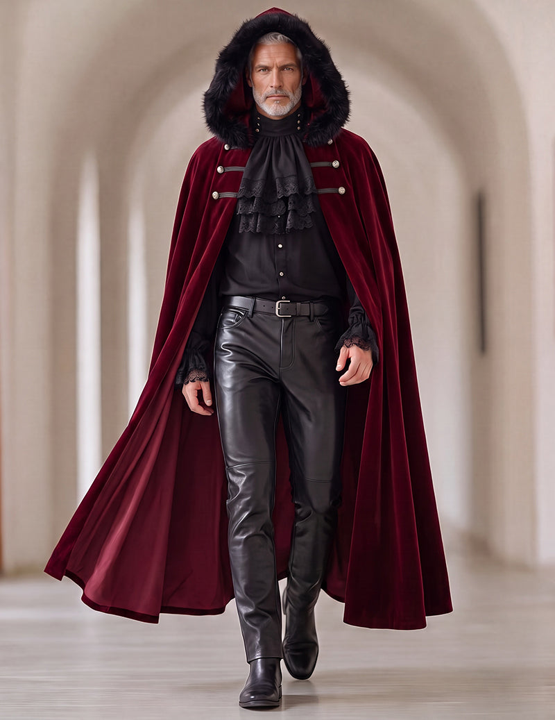 Men's Gothic 3-Piece Set with Ruffled Shirt, Leather-Look Pants & Fur-Trim Cape