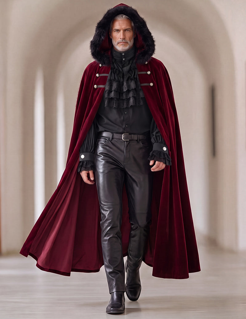 Burgundy fur-trim cape with ruffled shirt and leather-look pants set