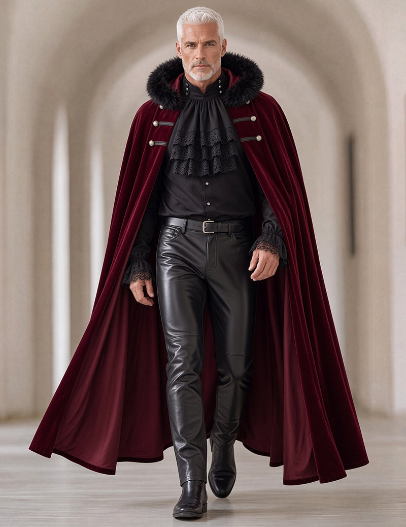 Men's Gothic 3-Piece Set with Ruffled Shirt, Leather-Look Pants & Fur-Trim Cape