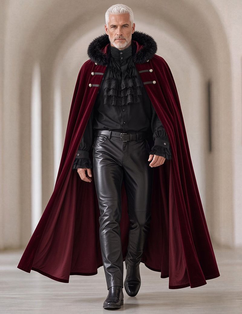 Burgundy fur-trim cape with ruffled shirt and leather-look pants