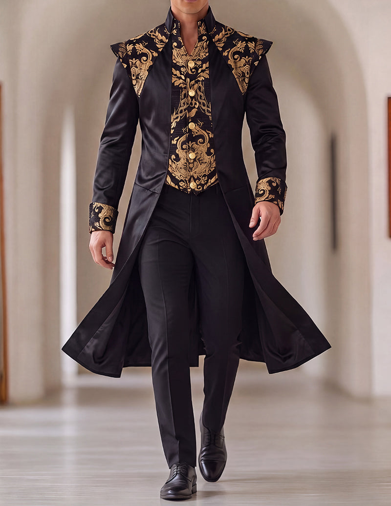 Men's Baroque Pattern Stand Collar Long Frock Coat
