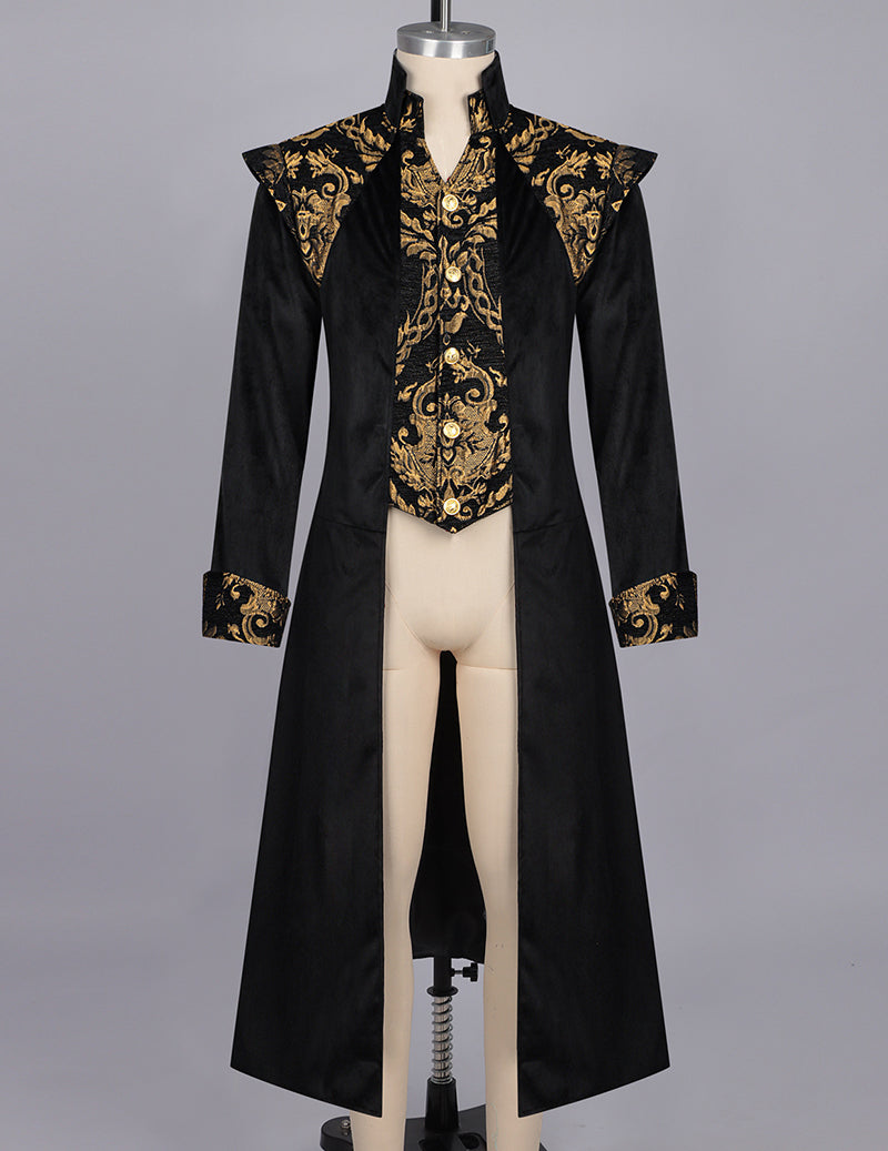 Men's Baroque Pattern Stand Collar Long Frock Coat