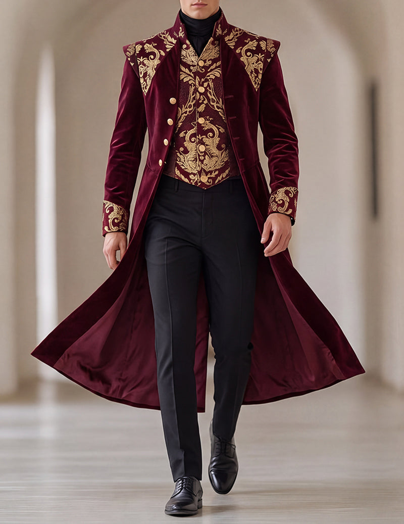 Men's Baroque Pattern Stand Collar Long Frock Coat
