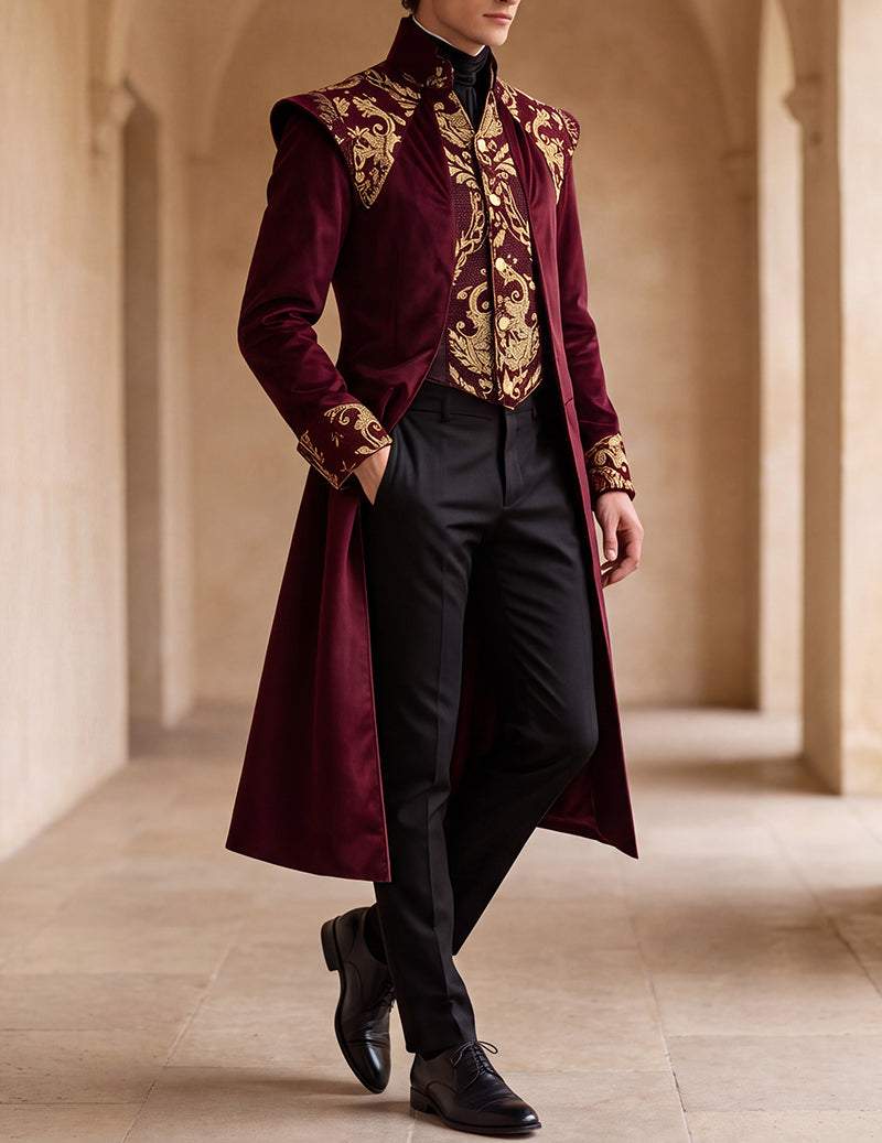 Men's Baroque Pattern Stand Collar Long Frock Coat