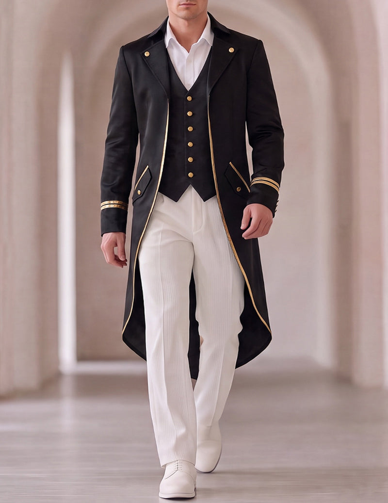 Men's black formal coat with peak lapels, gold buttons, and gold trim details