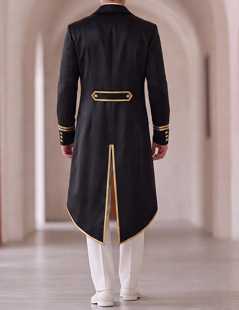 Men's black formal coat, back view, with gold trim panels and cuffs