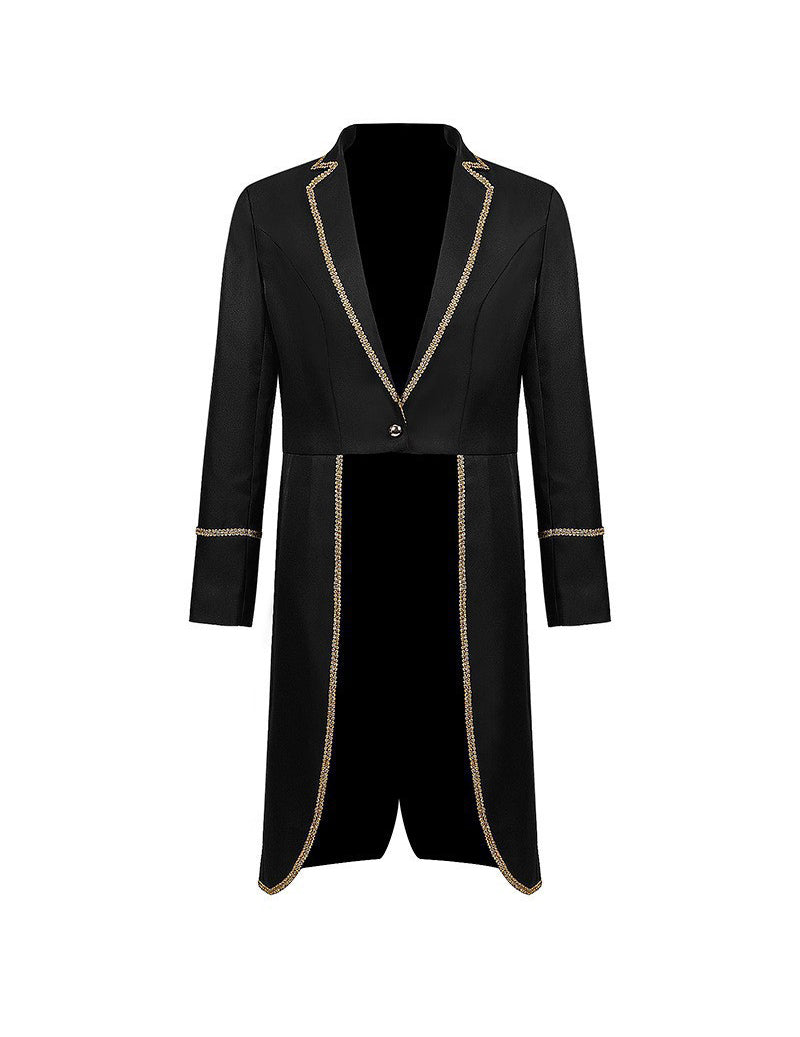 Men Black Gold Trim Shawl Collar Long Coat