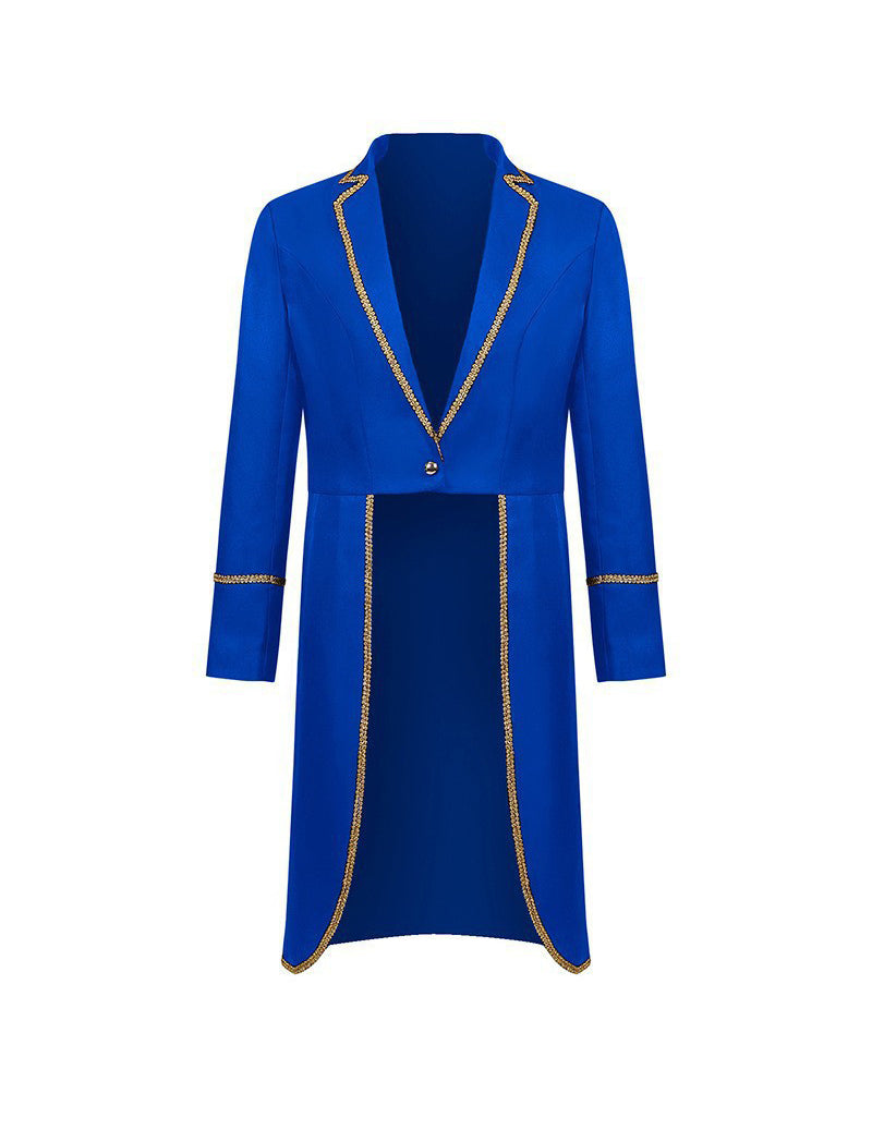Men Black Gold Trim Shawl Collar Long Coat