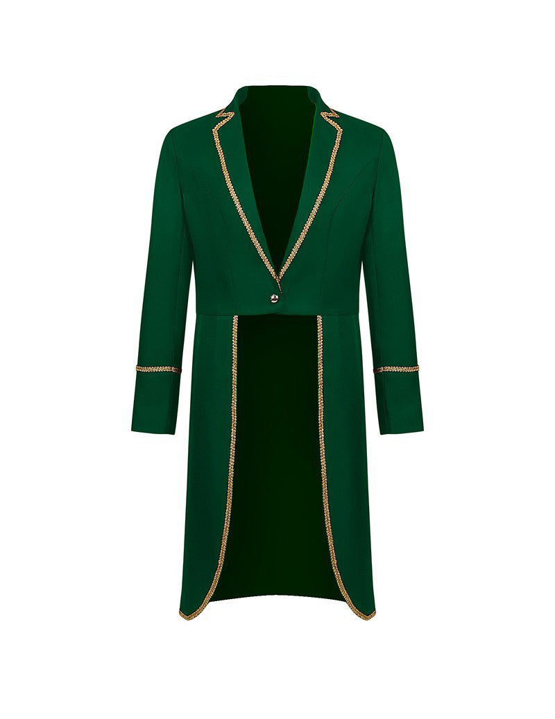 Men Black Gold Trim Shawl Collar Long Coat
