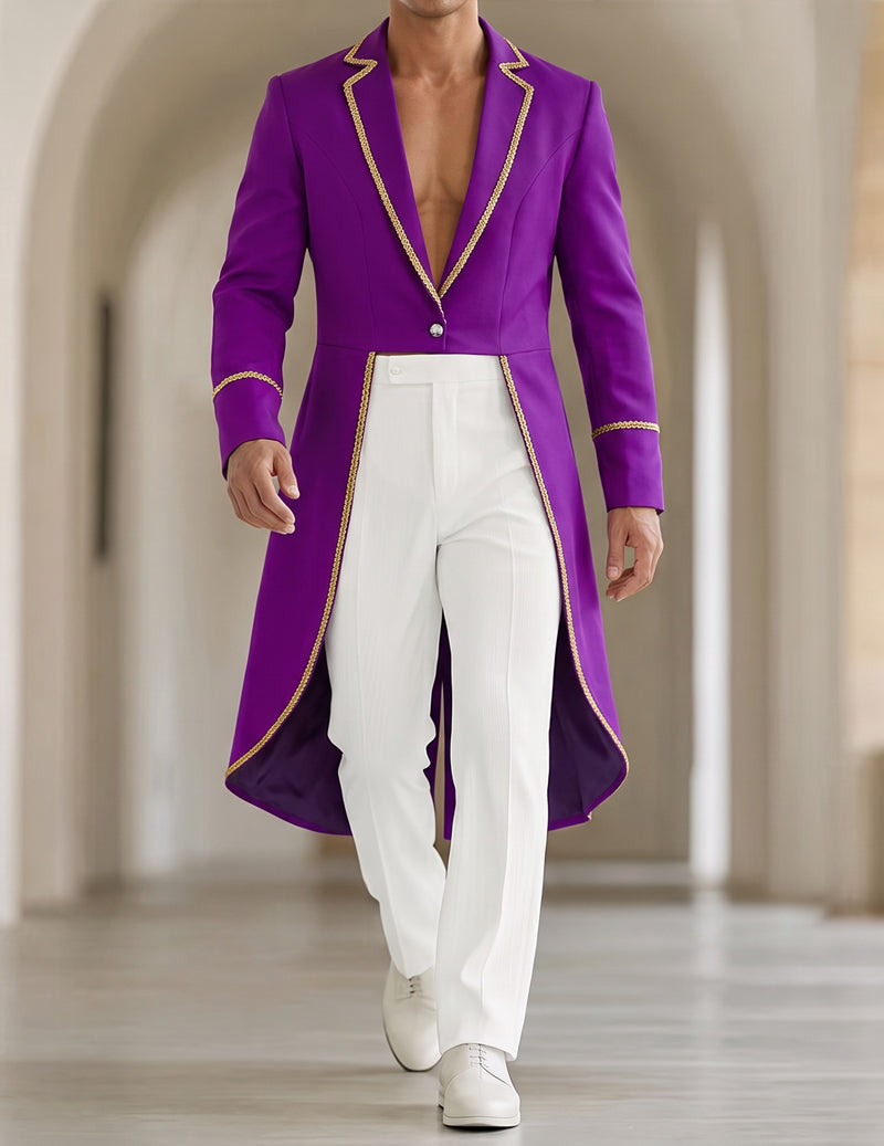 Men's long purple coat with gold trim, shawl collar and front button closure