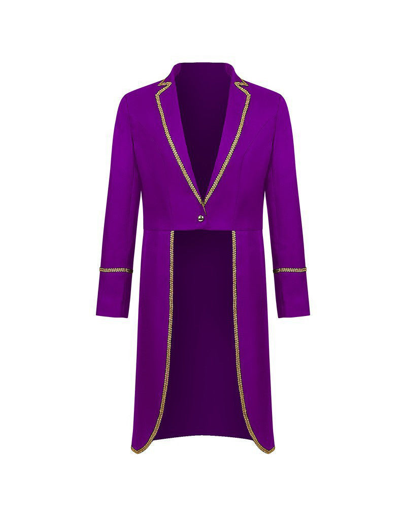 Men Black Gold Trim Shawl Collar Long Coat