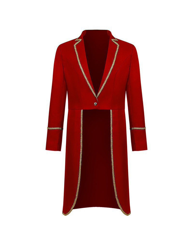 Men Black Gold Trim Shawl Collar Long Coat