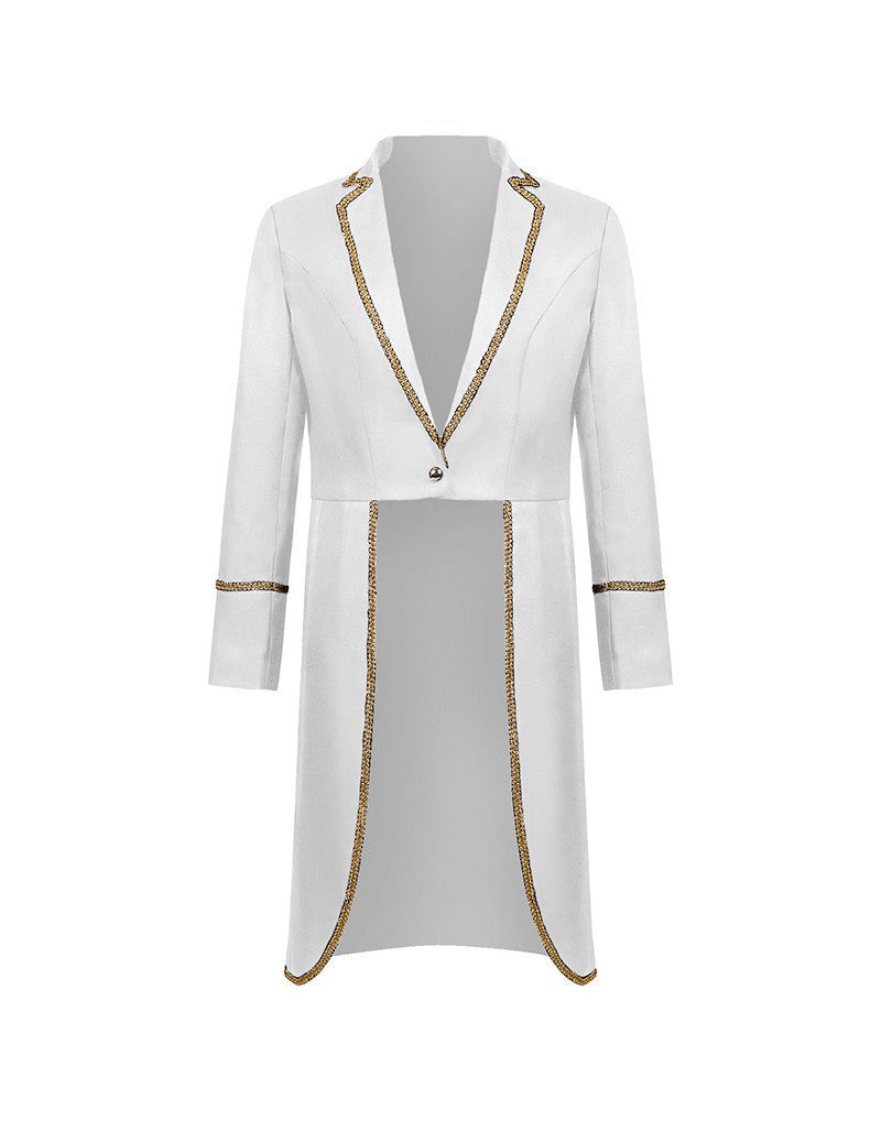 Men Black Gold Trim Shawl Collar Long Coat