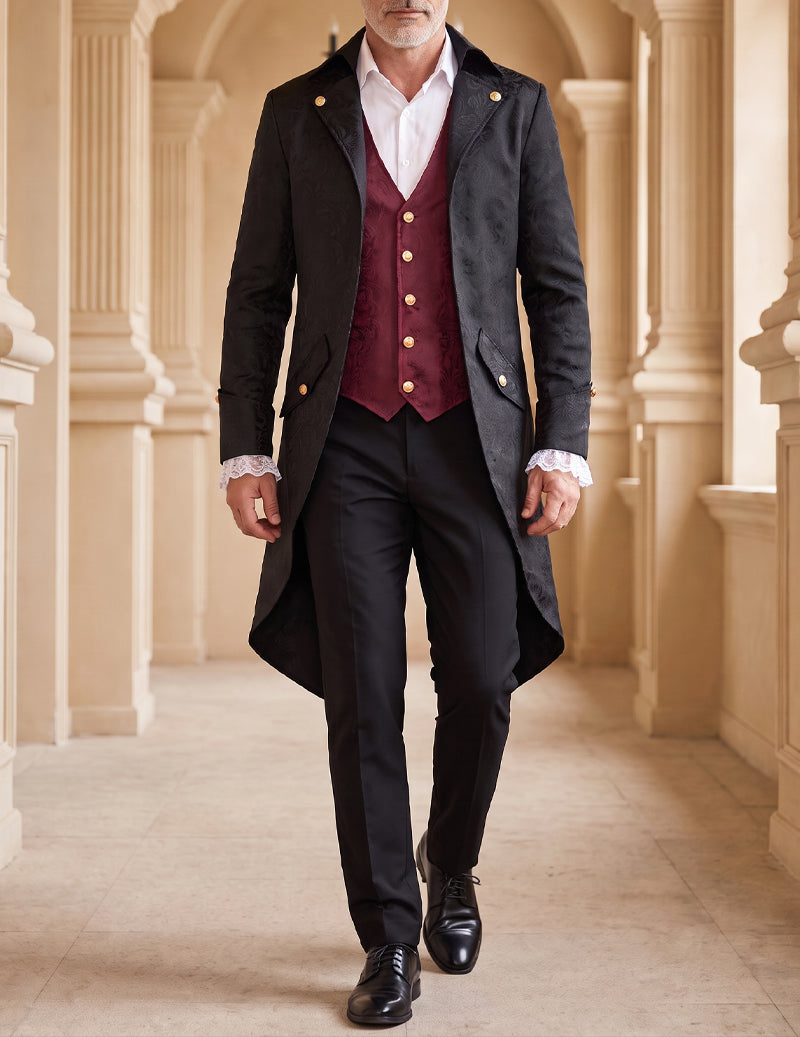 Men's gothic jacquard double-breasted formal coat, dark with gold buttons and maroon vest