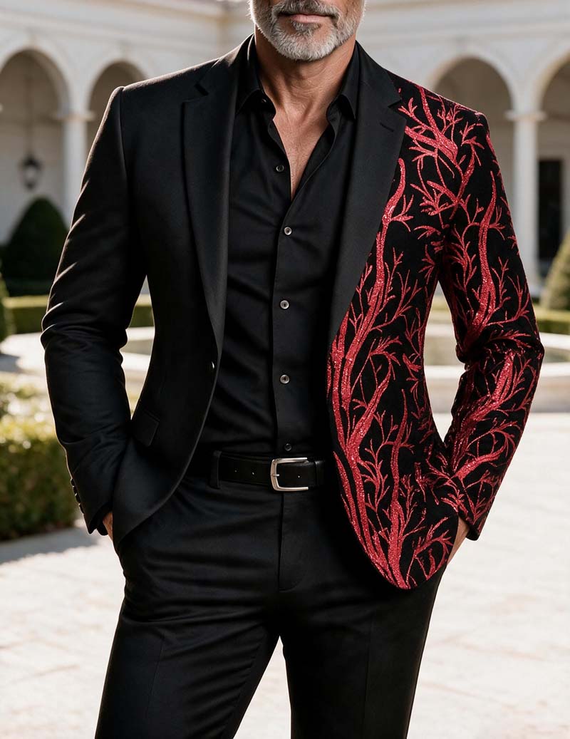 Men Sequin Embellished Branch Print Blazer