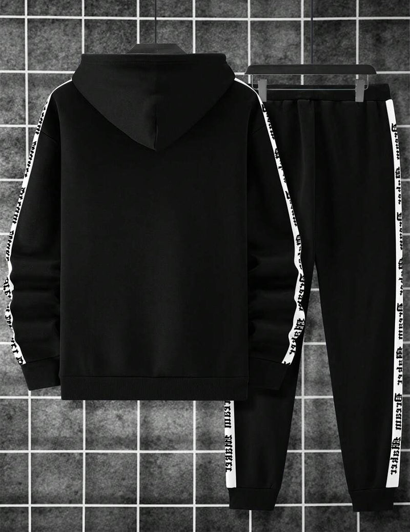 Men Hooded Sweatshirt and Capri Pants Set with Letter Tape