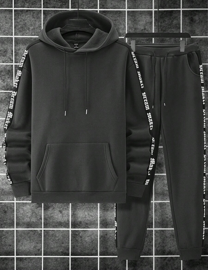 Men Hooded Sweatshirt and Capri Pants Set with Letter Tape