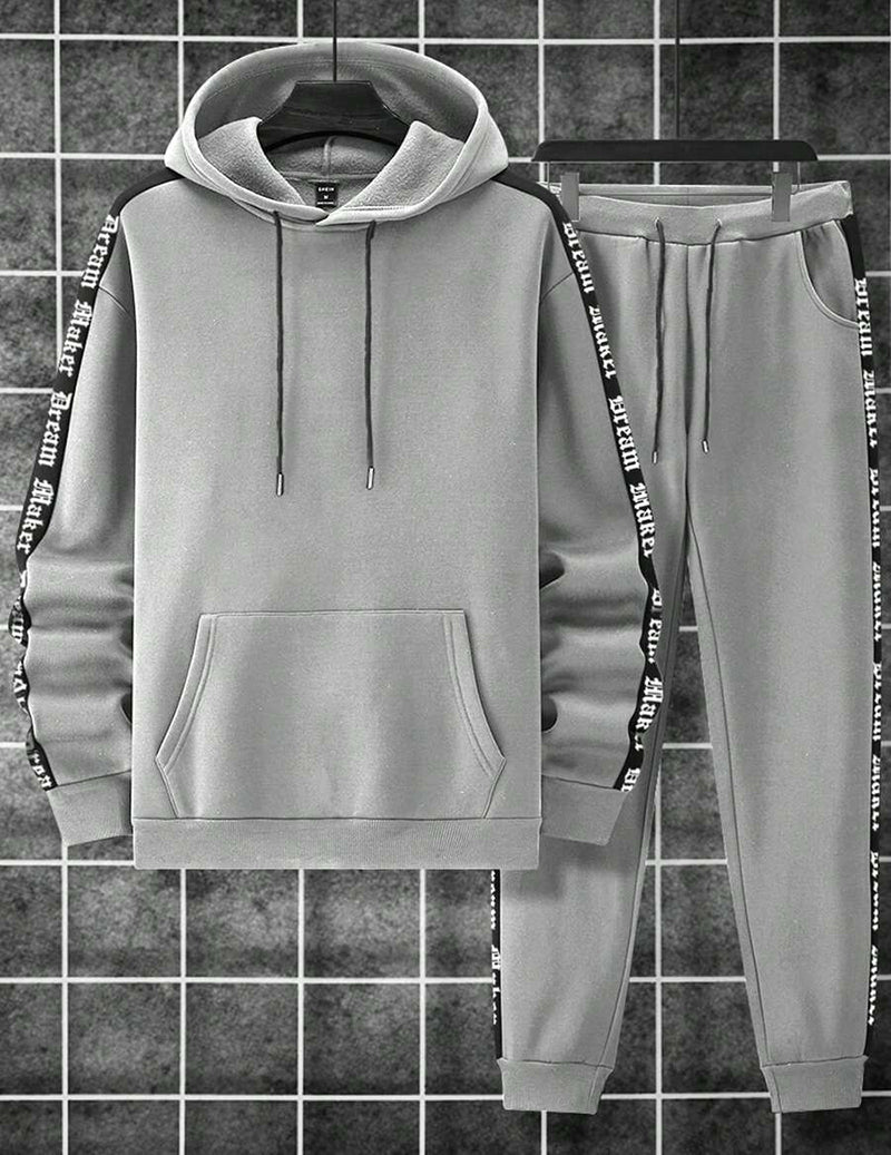 Men Hooded Sweatshirt and Capri Pants Set with Letter Tape