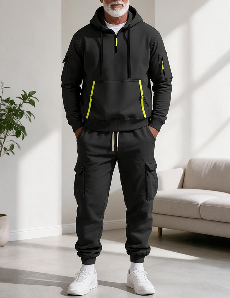 Men Half Zip Hooded Sweatshirt and Cargo Pants Set