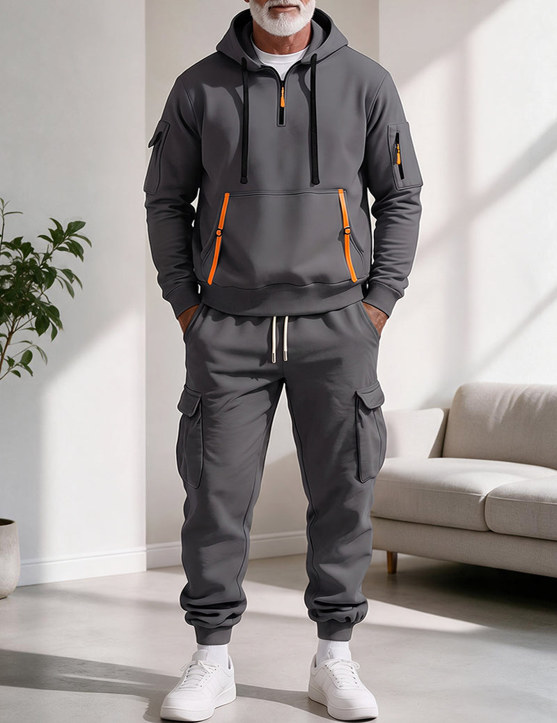 Men Half Zip Hooded Sweatshirt and Cargo Pants Set