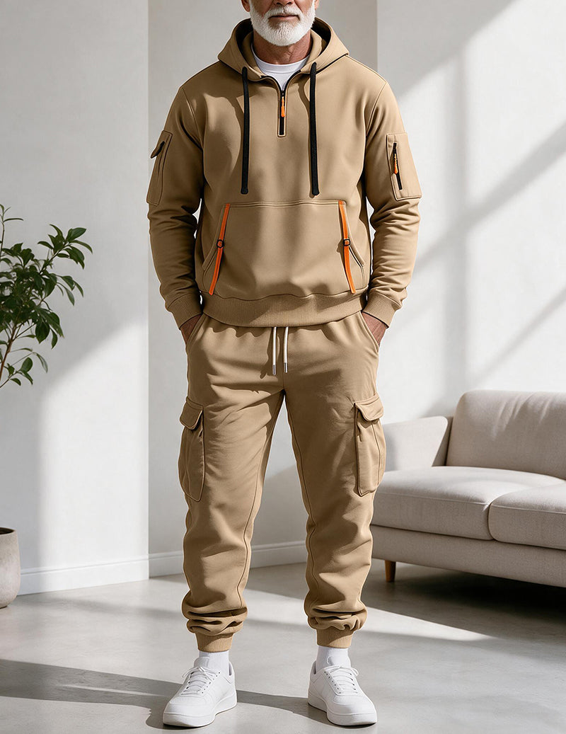 Men Half Zip Hooded Sweatshirt and Cargo Pants Set