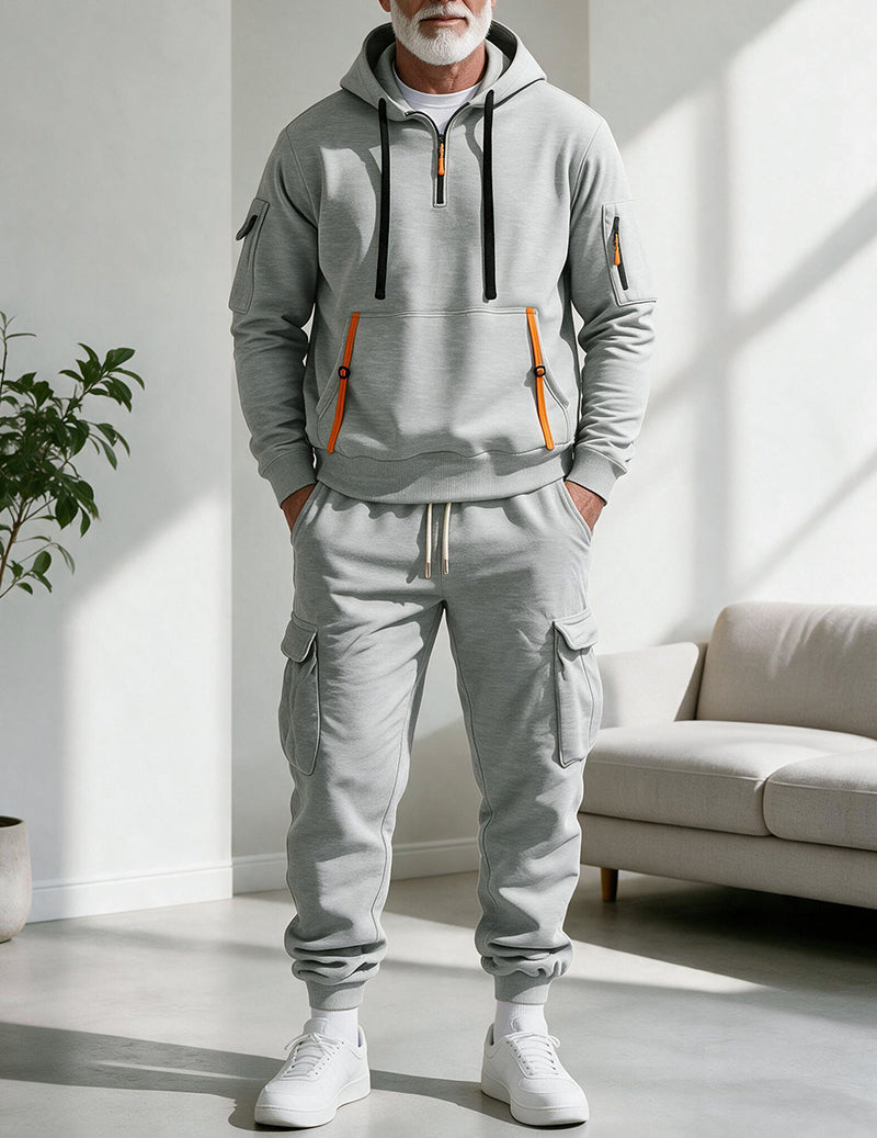 Men Half Zip Hooded Sweatshirt and Cargo Pants Set