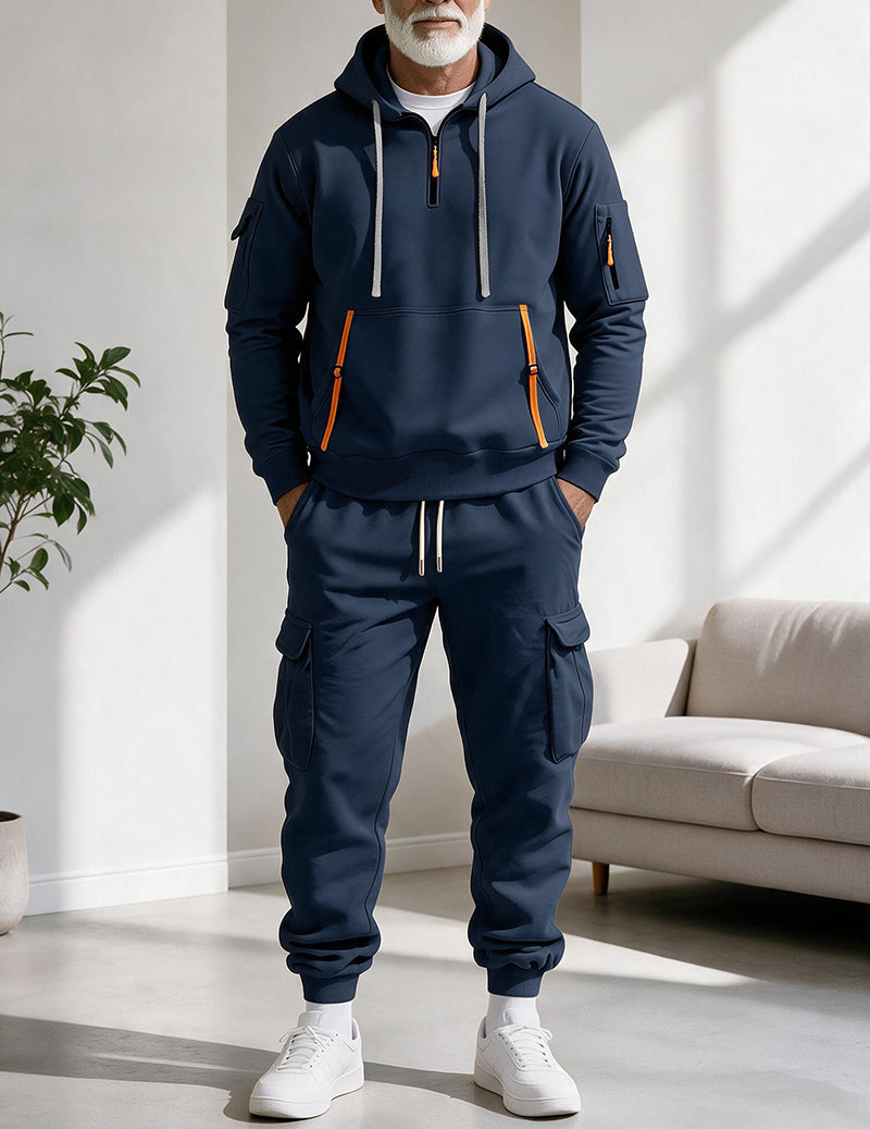 Men Half Zip Hooded Sweatshirt and Cargo Pants Set