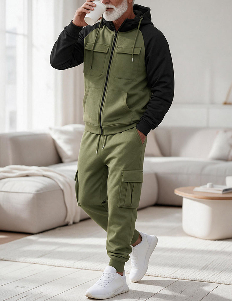 Men Hooded Zip Up Jacket and Cargo Pants Set